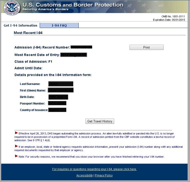 Students I 94 Form Sample